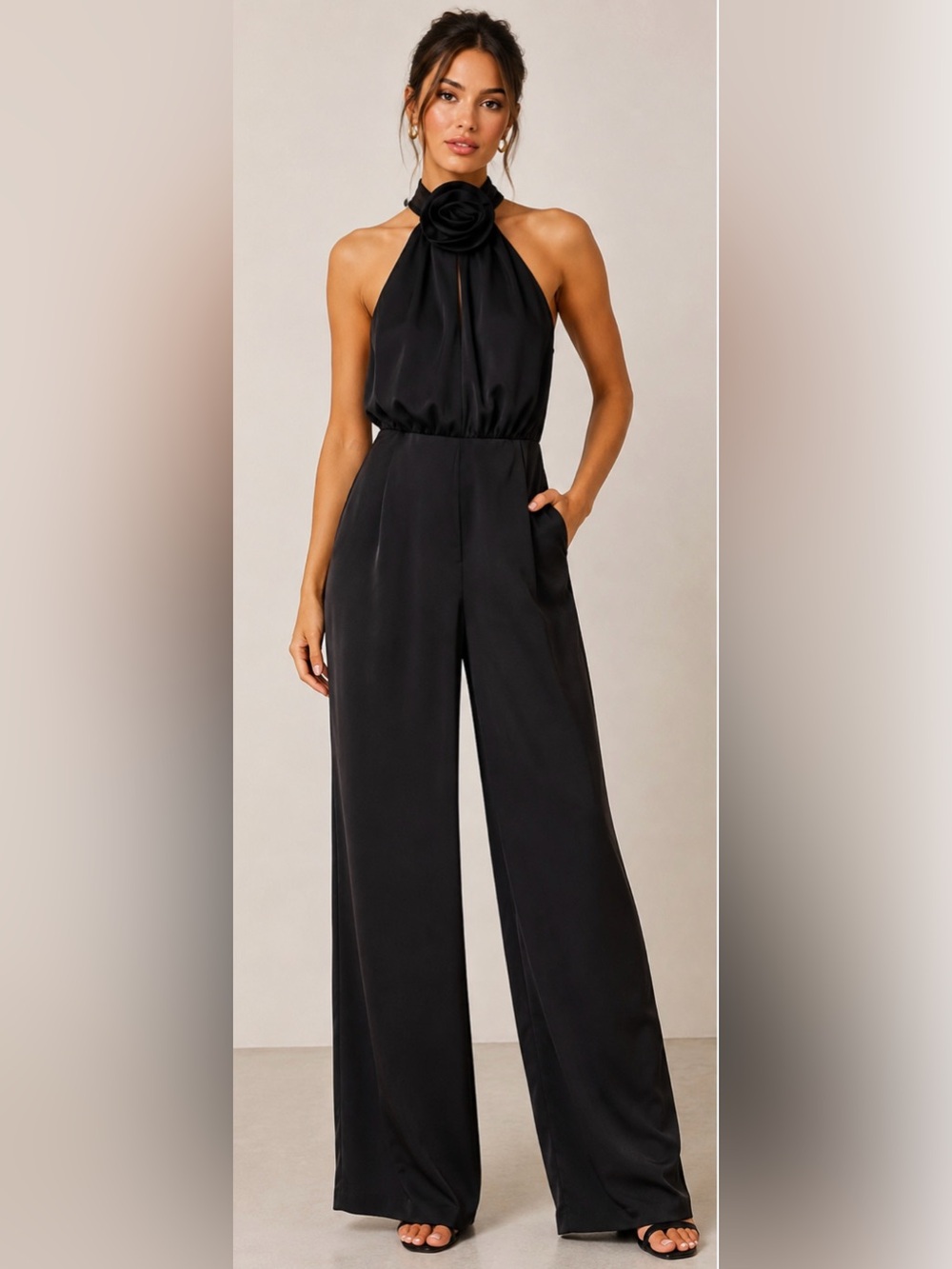Luxxel Black Rosette Halter Wide Leg Jumpsuit Size S NWT